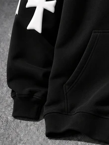 Manfinity EMRG Men's Hooded Sweatshirt, 3D Raised Foam Cross Graphic On Back & Sleeve, Goth Street Style Casual Ho - Black - View 7