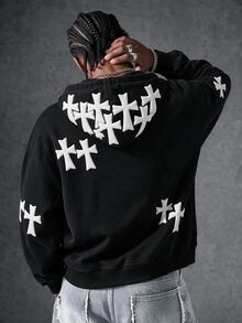 Manfinity EMRG Men's Hooded Sweatshirt, 3D Raised Foam Cross Graphic On Back & Sleeve, Goth Street Style Casual Ho - Black - View 4