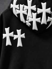 Manfinity EMRG Men's Hooded Sweatshirt, 3D Raised Foam Cross Graphic On Back & Sleeve, Goth Street Style Casual Ho - Black - View 5