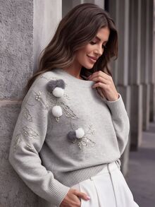 Anewsta Soft Style 3D Pom Pom Rhinestone Embroidered Knit Sweater Women Round Neck Loose Drop Shoulder Soft Long Sleeve Pullover Top - Light Grey - View 4