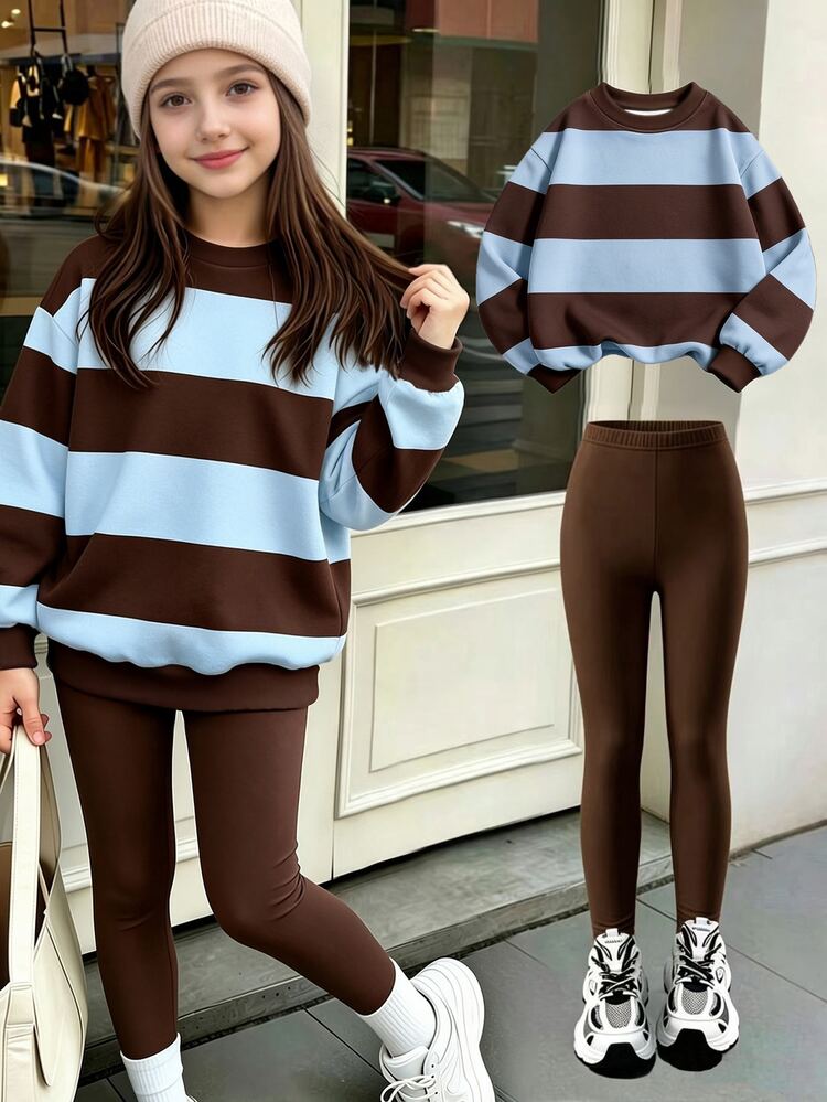 Tween Girls Autumn/Winter Fashion High-End Blue & Coffee Color Block Wide Horizontal Stripe Crew Neck Sweatshirt & Leggings Set, American Retro Classic Stripes - Multicolor - View 4