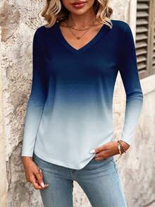 Omancia V-Neck Gradient Design Casual T-Shirt, Spring/Autumn Graphic Tees Women Tops - Multicolor - View 7