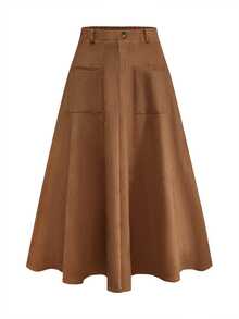 Lacomfia Minimalist Commuter Versatile Suede A-Line Utility Skirt, Spring/Autumn, Plus Size - Brown - View 3