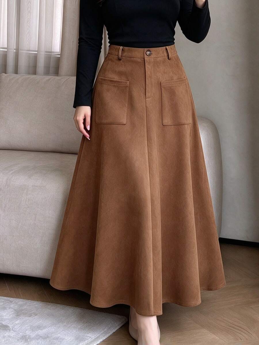 Lacomfia Minimalist Commuter Versatile Suede A-Line Utility Skirt, Spring/Autumn, Plus Size - Brown - View 1