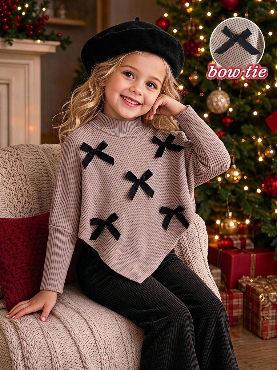 SHEIN Young Girl Floral Bow Ruffle Long Sleeve Round Neck Loose Pink Pants Outfit Set Back To School Daily Mommy Daughter 7th Birthday Fall Matching