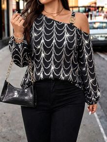 Velvienne Plus Size Asymmetrical Neck Long Sleeve Heart Pattern Print Casual Blouse One Shoulder Top Christmas - Black - View 6