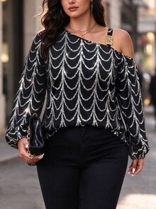 Velvienne Plus Size Asymmetrical Neck Long Sleeve Heart Pattern Print Casual Blouse One Shoulder Top Christmas - Black - View 3