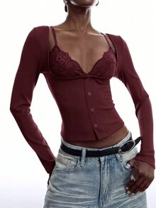LYSMO Women's Solid Color Contrast Lace Long Sleeve 2 In 1 Slim Fit T-Shirt - Burgundy - View 8