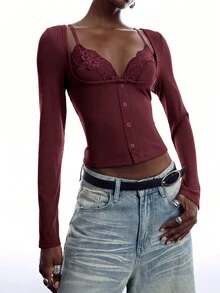 LYSMO Women's Solid Color Contrast Lace Long Sleeve 2 In 1 Slim Fit T-Shirt - Burgundy - View 6