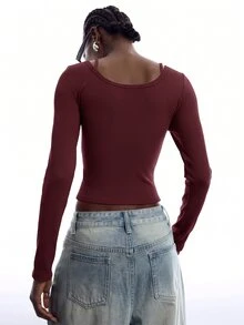LYSMO Women's Solid Color Contrast Lace Long Sleeve 2 In 1 Slim Fit T-Shirt - Burgundy - View 2