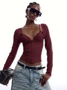 LYSMO Women's Solid Color Contrast Lace Long Sleeve 2 In 1 Slim Fit T-Shirt - Burgundy - View 1