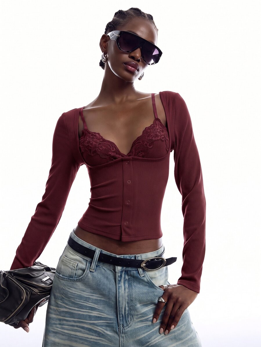 LYSMO Women's Solid Color Contrast Lace Long Sleeve 2 In 1 Slim Fit T-Shirt - Burgundy - View 1