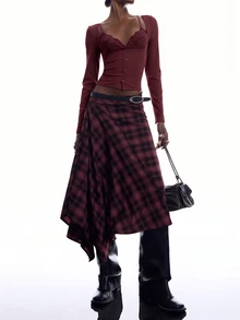 LYSMO Women's Solid Color Contrast Lace Long Sleeve 2 In 1 Slim Fit T-Shirt - Burgundy - View 4