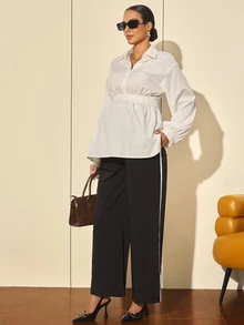 MaterniWear Quần bầu casual phối màu sọc đơn giản có túi - màu đen - Xem 6