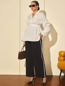 MaterniWear Quần bầu casual phối màu sọc đơn giản có túi - màu đen - Xem 5