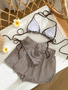 Bonvoyette 3件組女款比基尼套裝泳褲，復古白色與棕色條紋掛脖式，適合海灘度假、郵輪旅行、蜜月、萬聖節、感恩節 - 彩色 - 查看 2