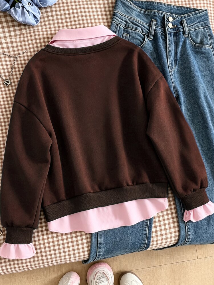SHEIN Teen Girls New Casual 2 In 1 Sweatshirt, 1pc, Woven Fabric Pink Collar And Hem Patchwork Knit Sweatshirt Fabric Brown Long Sleeve Sweatshirt With Pink Webbing Decoration On Sides, American Vintage Number Heat Transfer Print Pattern, Loose Fit Comfortable, Suitable For American Vintage Casual Commute Lazy Outfit, Suitable For Daily School, Outings, Vacations, Parties, Autumn/Winter Wear - Brown - View 2