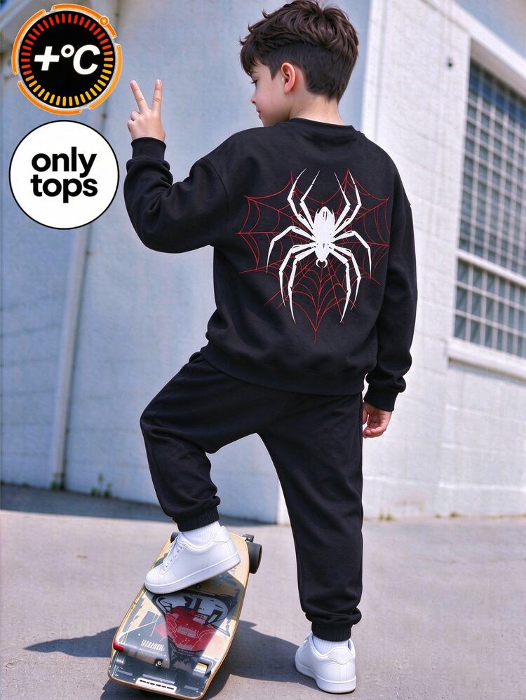 Tween Boys Goth Streetwear Heart Spider Graphic Drop Shoulder Crew Neck Sweatshirt Club Halloween Black And Red Fall - Black - View 8