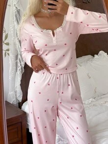 CottageSlumber Heart-Shaped Lace Trim V-Neck Slim Fit Women's Pajama Set - Pink - View 5