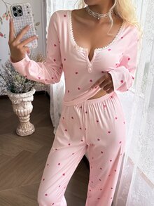 CottageSlumber Heart-Shaped Lace Trim V-Neck Slim Fit Women's Pajama Set - Pink - View 4