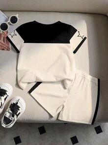SHEIN 男嬰兩件套可愛卡通角色 Taz 印花柔軟短袖上衣 T-shirt 與短褲，夏季運動風，白色/米白色，保守熱帶風 - 彩色 - 查看 3