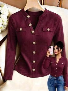 SHEIN Clasi Plus Size Women Solid Color Casual Daily Long Sleeve T-Shirt - Burgundy - View 1