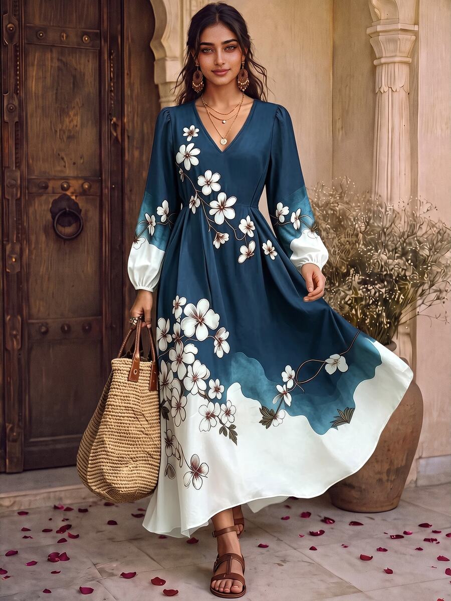 Resyla V-Neck Lantern Sleeve Cinched Waist Long Dress For Women - Multicolor - View 1
