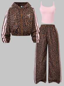 SHEIN 3pcs/Set Suitable For Girls Sweet Cool Korean Cute Athletic Casual Style School Sport Outing Fall Brown Light Pink Leopard Print Bow Jacket Set - Brown - View 3
