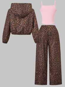 SHEIN 3pcs/Set Suitable For Girls Sweet Cool Korean Cute Athletic Casual Style School Sport Outing Fall Brown Light Pink Leopard Print Bow Jacket Set - Brown - View 2