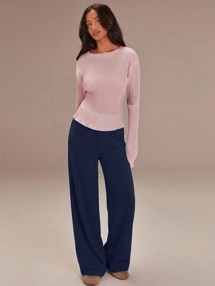 Athîral Women's Casual Romantic Cute Heart Embroidered Wide Leg Loose Pants Everyday Home Navy Blue Summer Date Lounge Brunch - Royal Blue - View 5