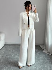 Rafferiza Women's Napoleon Style Coarse Wool Blend Luxury Metal Button Long Sleeve Jacket And Straight Leg Pants 2 Pieces Set, Cream White - Beige - View 1