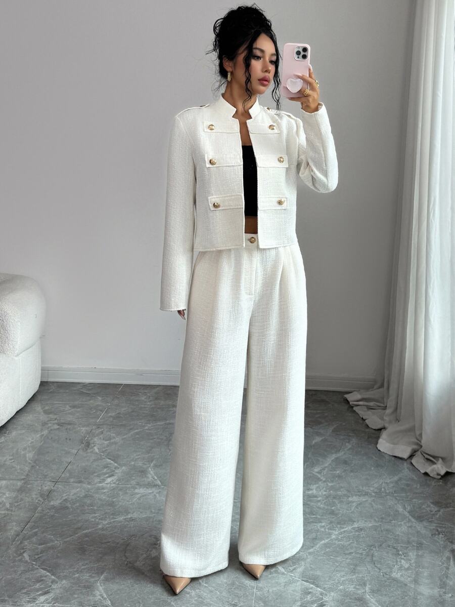 Rafferiza Women's Napoleon Style Coarse Wool Blend Luxury Metal Button Long Sleeve Jacket And Straight Leg Pants 2 Pieces Set, Cream White - Beige - View 1