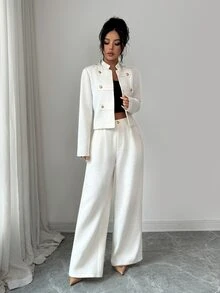 Rafferiza Women's Napoleon Style Coarse Wool Blend Luxury Metal Button Long Sleeve Jacket And Straight Leg Pants 2 Pieces Set, Cream White - Beige - View 5