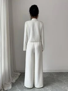 Rafferiza Women's Napoleon Style Coarse Wool Blend Luxury Metal Button Long Sleeve Jacket And Straight Leg Pants 2 Pieces Set, Cream White - Beige - View 6