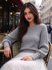 Anewsta Elegant Commuter Gray Vertical Ribbed Knit Sweater For Women, Round Neck Slim Fit Lantern Sleeve Pearl Button Wavy Hem Long Sleeve Pullover Top - Grey - View 5