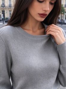 Anewsta Elegant Commuter Gray Vertical Ribbed Knit Sweater For Women, Round Neck Slim Fit Lantern Sleeve Pearl Button Wavy Hem Long Sleeve Pullover Top - Grey - View 4