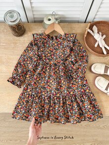 Cozy Pixies Ditsy Floral Ruffle Hem Kids Long Sleeve Dress - Multicolor - View 3