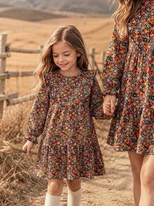 Cozy Pixies Ditsy Floral Ruffle Hem Kids Long Sleeve Dress - Multicolor - View 1