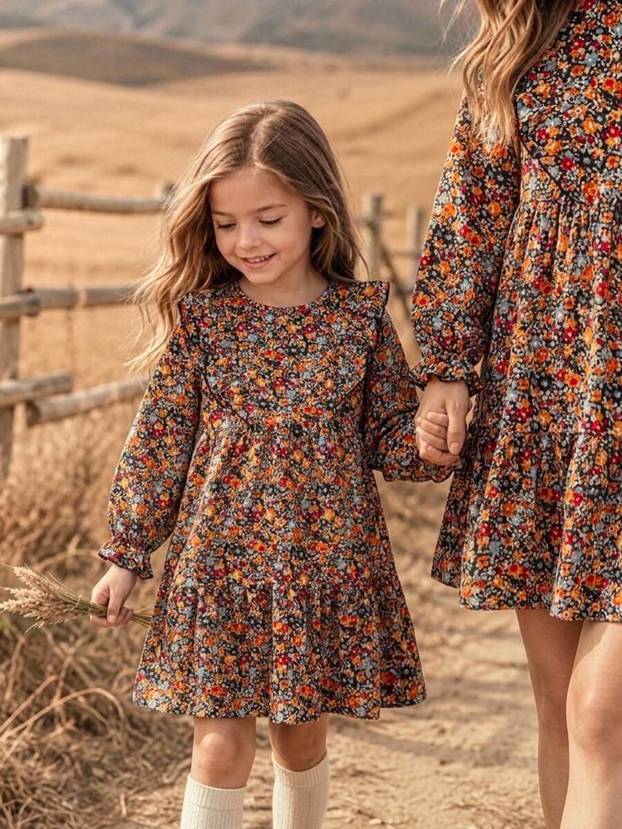 Cozy Pixies Ditsy Floral Ruffle Hem Kids Long Sleeve Dress - Multicolor - View 1