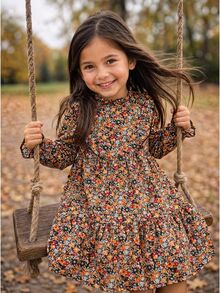 Cozy Pixies Ditsy Floral Ruffle Hem Kids Long Sleeve Dress - Multicolor - View 2