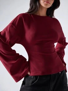 LYSMO Women's Casual Comfortable Burgundy Round Neck Batwing Sleeve Regular Fit T-Shirt, Autumn/Winter - Red - View 7