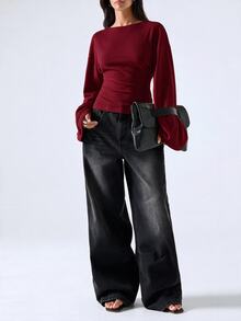 LYSMO Women's Casual Comfortable Burgundy Round Neck Batwing Sleeve Regular Fit T-Shirt, Autumn/Winter - Red - View 3