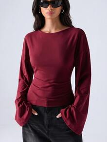 LYSMO Women's Casual Comfortable Burgundy Round Neck Batwing Sleeve Regular Fit T-Shirt, Autumn/Winter - Red - View 1