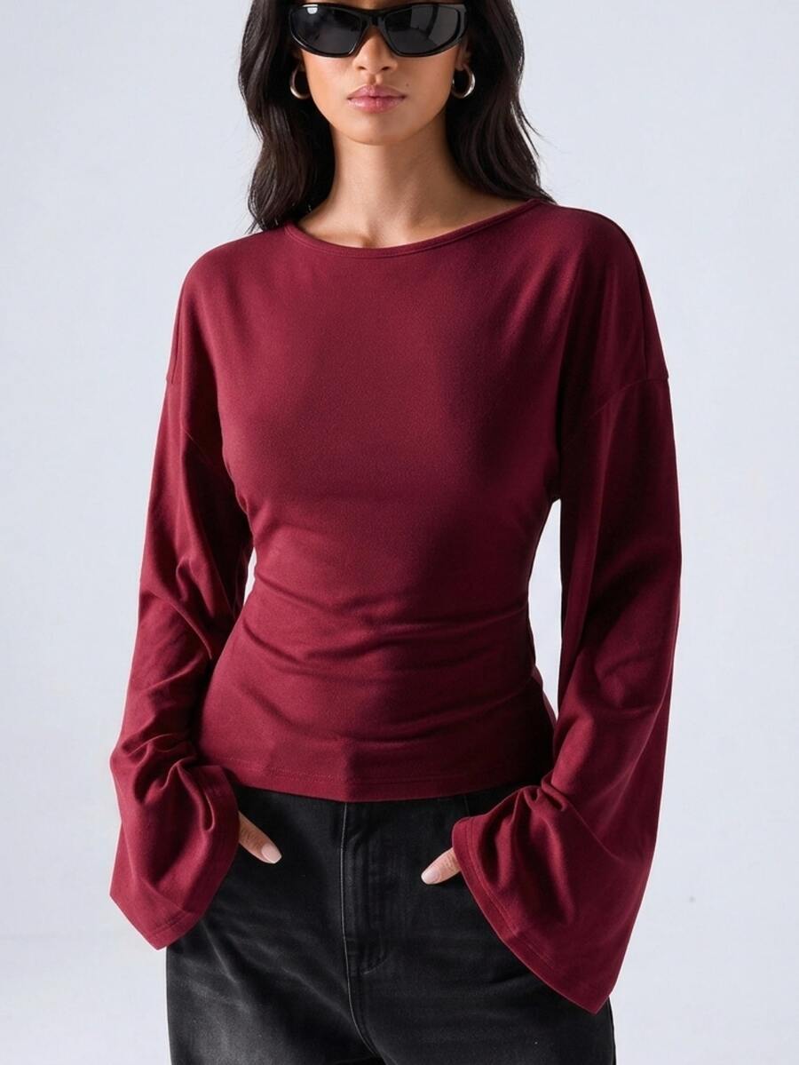 LYSMO Women's Casual Comfortable Burgundy Round Neck Batwing Sleeve Regular Fit T-Shirt, Autumn/Winter - Red - View 1