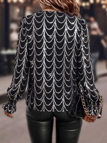 Velvienne Plus Size Women's Sequin Fashion Versatile Daily Casual Shirt Christmas - Black - View 2