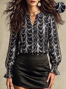 Velvienne Plus Size Women's Sequin Fashion Versatile Daily Casual Shirt Christmas - Black - View 7
