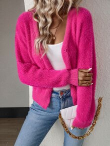 SHEIN Drop Shoulder Button Front Fluffy Knit Cardigan,Long Sleeve Tops Fall Winter Cloth For Women - Hot Pink - View 3
