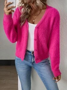 SHEIN Drop Shoulder Button Front Fluffy Knit Cardigan,Long Sleeve Tops Fall Winter Cloth For Women - Hot Pink - View 5