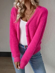 SHEIN Drop Shoulder Button Front Fluffy Knit Cardigan,Long Sleeve Tops Fall Winter Cloth For Women - Hot Pink - View 4