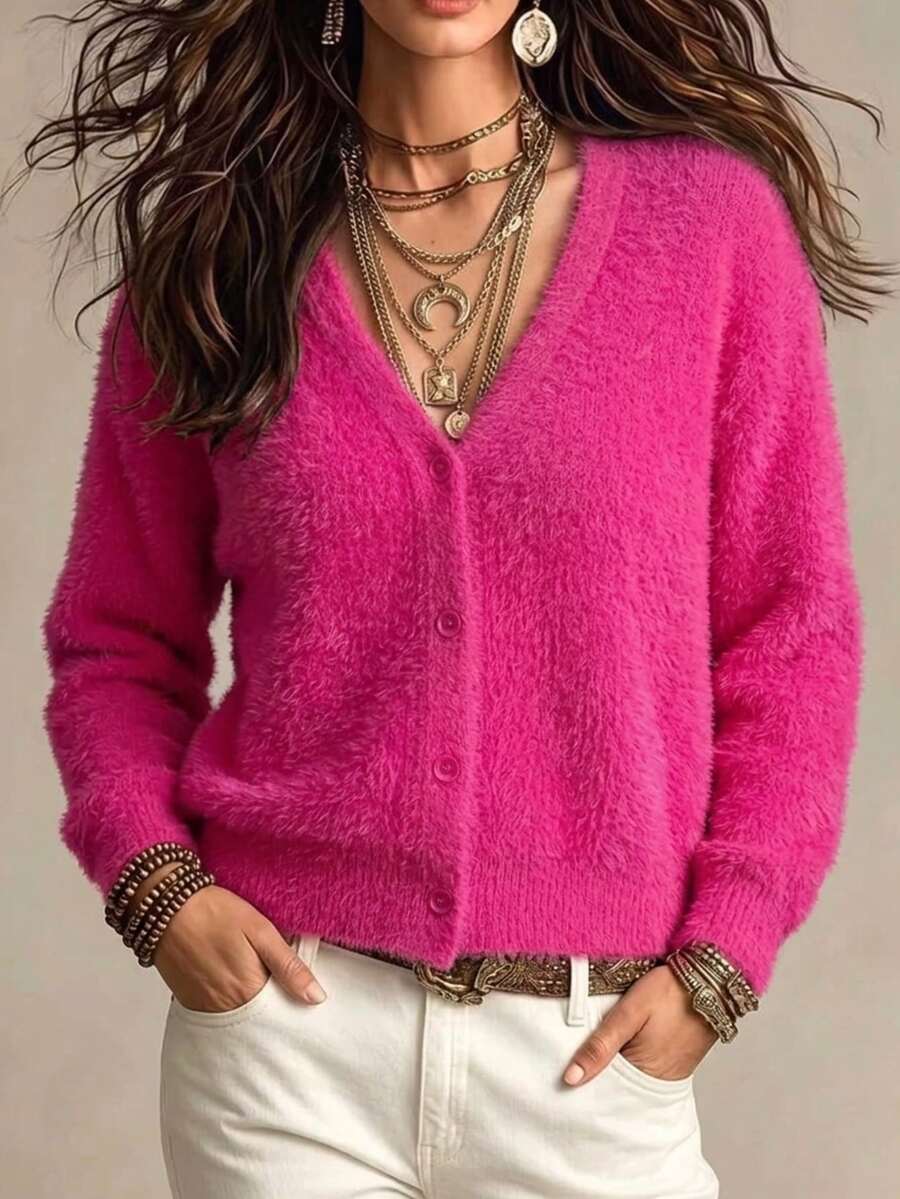 SHEIN Drop Shoulder Button Front Fluffy Knit Cardigan,Long Sleeve Tops Fall Winter Cloth For Women - Hot Pink - View 1